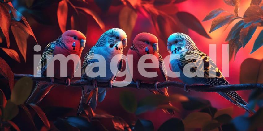 A Vibrant Trio: Three vibrant budgies, perched on a branch amidst a lush garden, showcase their colorful plumage and playful personalities