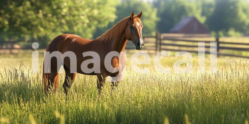 A Moment of Serenity: A chestnut horse, bathed in the warm glow of the morning sun, stands peacefully amidst a field of tall grass, embodying the tranquility of rural life