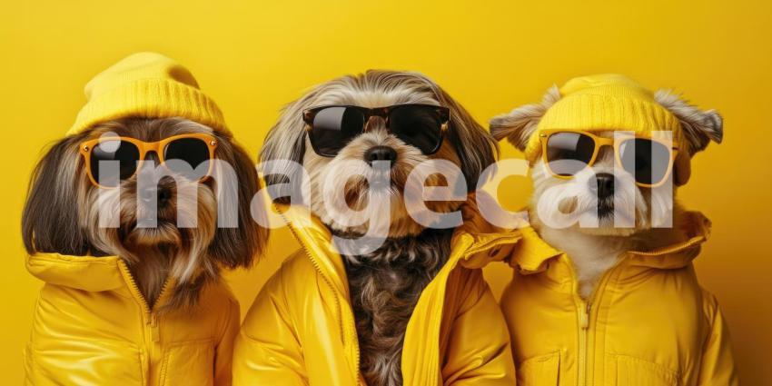 A Furry Fashion Trio: Three stylish canines, sporting sunglasses and matching yellow jackets, strike a pose with a touch of canine cool