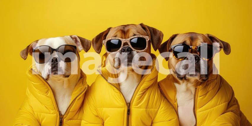 A Furry Fashion Trio: Three stylish canines, sporting sunglasses and matching yellow jackets, strike a pose with a touch of canine cool