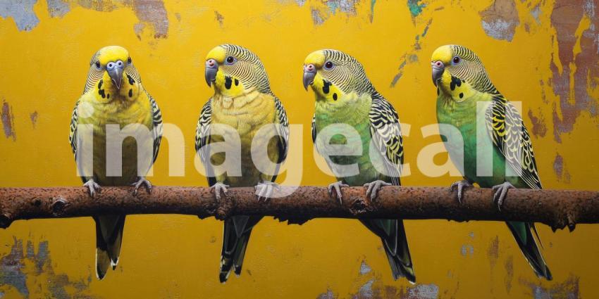 A Vibrant Trio: Three vibrant budgies, perched on a branch amidst a lush garden, showcase their colorful plumage and playful personalities