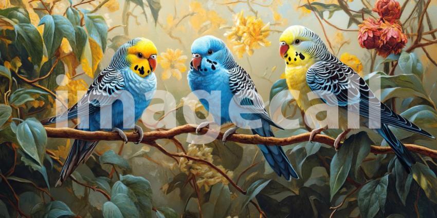 A Vibrant Trio: Three vibrant budgies, perched on a branch amidst a lush garden, showcase their colorful plumage and playful personalities