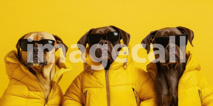 A Furry Fashion Trio: Three stylish canines, sporting sunglasses and matching yellow jackets, strike a pose with a touch of canine cool