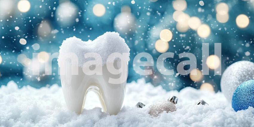 Winter Wonderland Smile: A sparkling white tooth, dusted with snow and surrounded by festive ornaments, symbolizes the importance of maintaining oral health throughout the holiday season