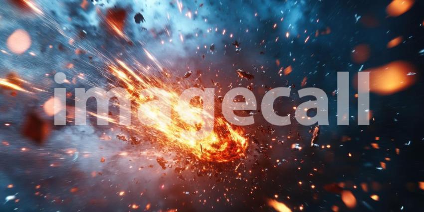 Cosmic Collision: A cataclysmic explosion erupts in a universe of chaos, sending a shower of debris and fiery fragments into the void of space
