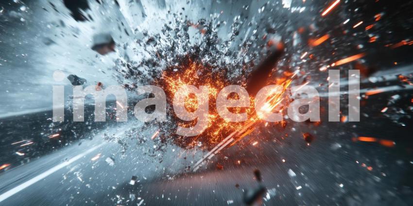 Cosmic Collision: A cataclysmic explosion erupts in a universe of chaos, sending a shower of debris and fiery fragments into the void of space