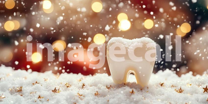 Winter Wonderland Smile: A sparkling white tooth, dusted with snow and surrounded by festive ornaments, symbolizes the importance of maintaining oral health throughout the holiday season