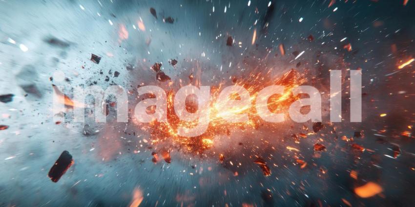 Cosmic Collision: A cataclysmic explosion erupts in a universe of chaos, sending a shower of debris and fiery fragments into the void of space