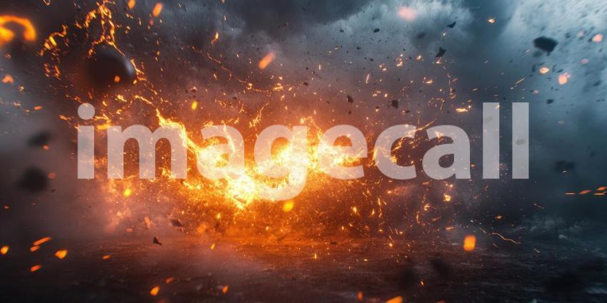 Cosmic Collision: A cataclysmic explosion erupts in a universe of chaos, sending a shower of debris and fiery fragments into the void of space