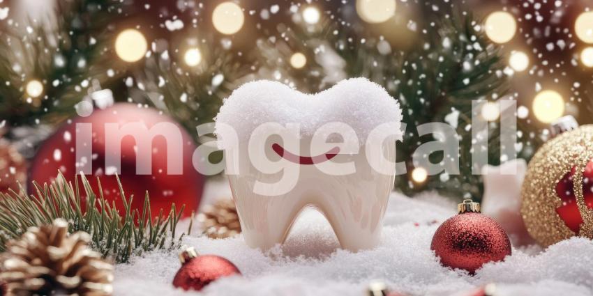 Winter Wonderland Smile: A sparkling white tooth, dusted with snow and surrounded by festive ornaments, symbolizes the importance of maintaining oral health throughout the holiday season