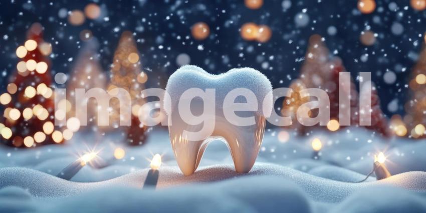 Winter Wonderland Smile: A sparkling white tooth, dusted with snow and surrounded by festive ornaments, symbolizes the importance of maintaining oral health throughout the holiday season