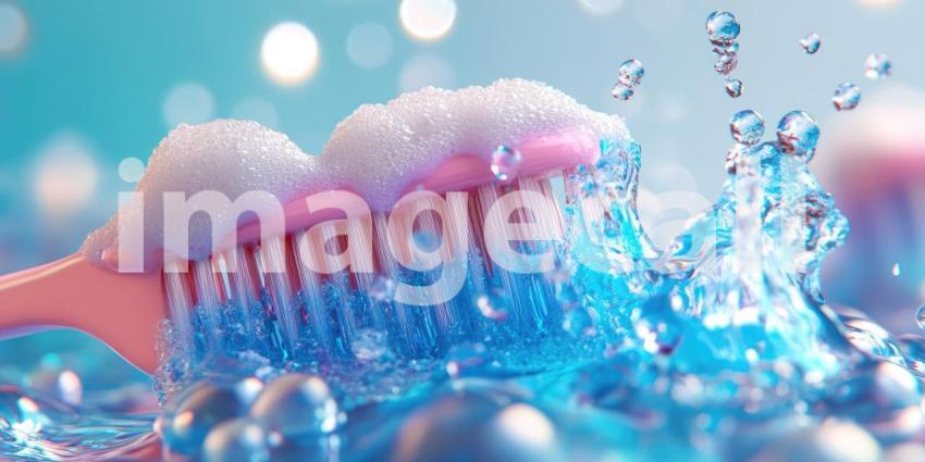 A Bubbly Cleanse: A toothbrush, laden with foamy toothpaste, emerges from a shower of bubbles, symbolizing the importance of a sparkling smile and daily oral hygiene