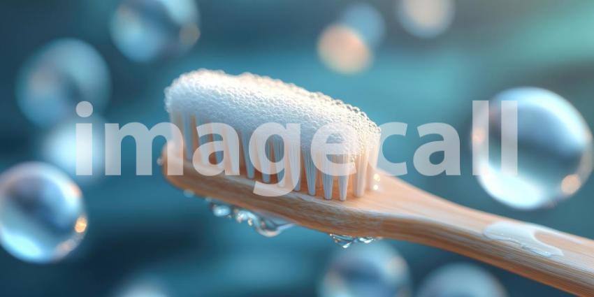 A Bubbly Cleanse: A toothbrush, laden with foamy toothpaste, emerges from a shower of bubbles, symbolizing the importance of a sparkling smile and daily oral hygiene