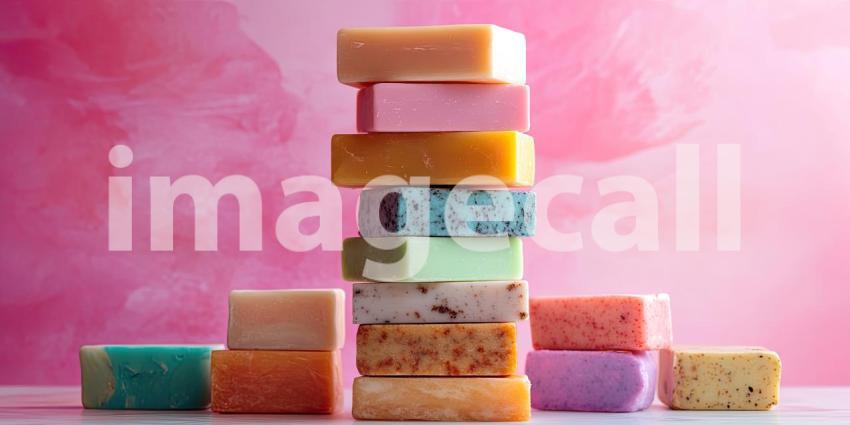 A Lather of Luxury: A vibrant stack of artisan soaps, crafted with natural ingredients and infused with delightful scents, beckons with promises of a pampering and rejuvenating experience