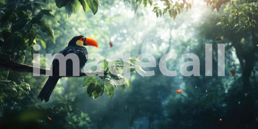 A Tropical Oasis: A vibrant toucan, perched on a branch amidst a lush jungle canopy, basks in the warm sunlight, creating a scene of tranquility and exotic beauty