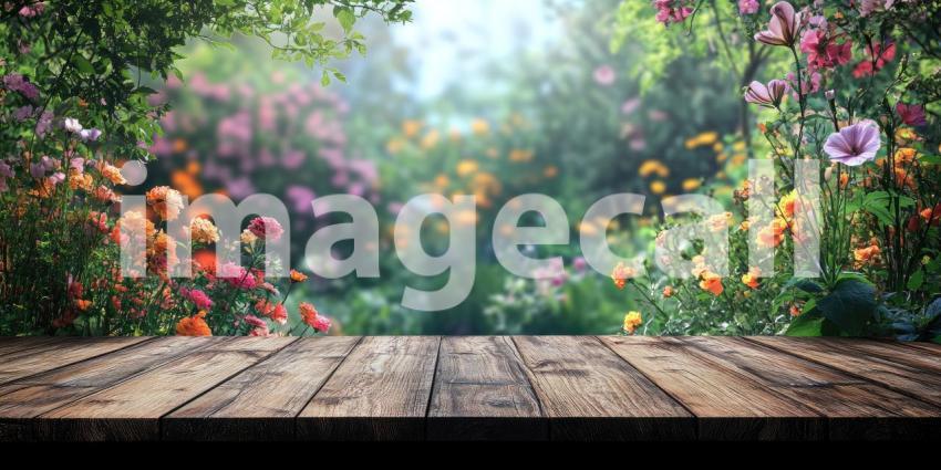 A Window to Bloom: A vibrant garden of colorful flowers, bathed in warm sunlight, is framed by a rustic wooden window, inviting a moment of peaceful contemplation