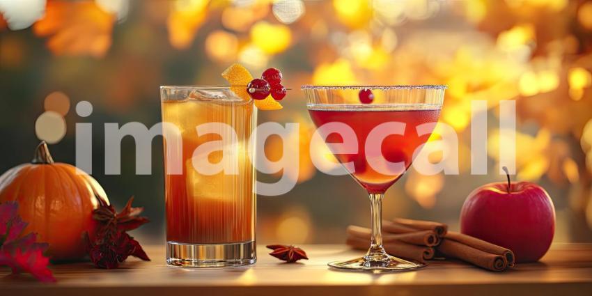 Autumnal Ambiance: Two inviting cocktails, adorned with seasonal garnishes and nestled amidst a harvest of pumpkins, apples, and spices, evoke the warmth and coziness of the autumn season