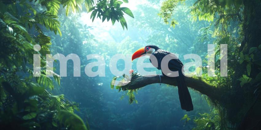 A Tropical Oasis: A vibrant toucan, perched on a branch amidst a lush jungle canopy, basks in the warm sunlight, creating a scene of tranquility and exotic beauty