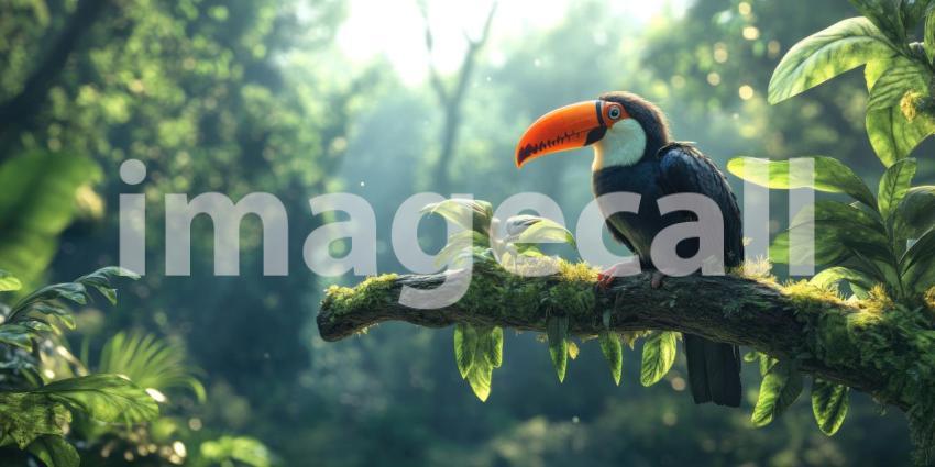 A Tropical Oasis: A vibrant toucan, perched on a branch amidst a lush jungle canopy, basks in the warm sunlight, creating a scene of tranquility and exotic beauty