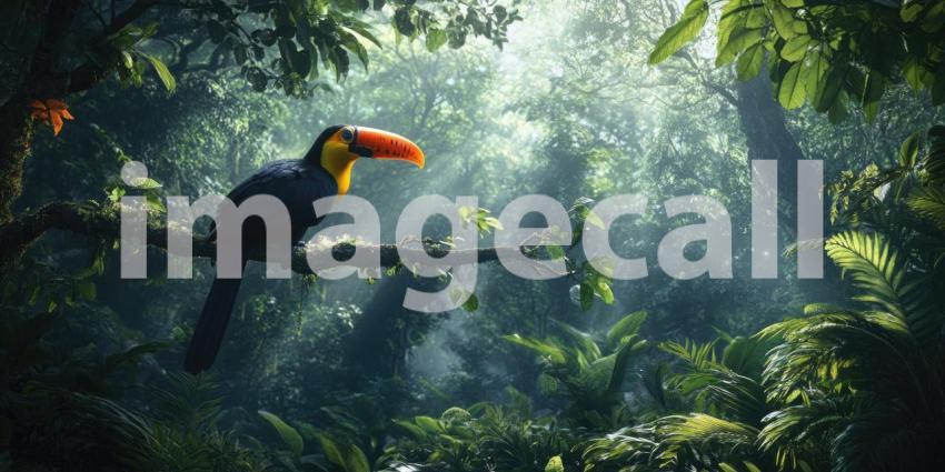 A Tropical Oasis: A vibrant toucan, perched on a branch amidst a lush jungle canopy, basks in the warm sunlight, creating a scene of tranquility and exotic beauty