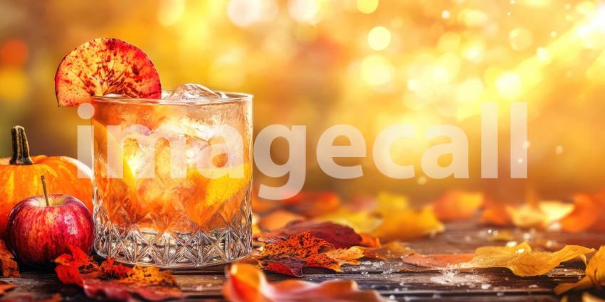 Autumnal Ambiance: Two inviting cocktails, adorned with seasonal garnishes and nestled amidst a harvest of pumpkins, apples, and spices, evoke the warmth and coziness of the autumn season