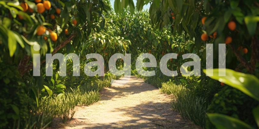 A Path of Citrus: A sun-dappled path winds through a vibrant orange grove, laden with ripe, juicy fruit, promising a sweet and refreshing journey