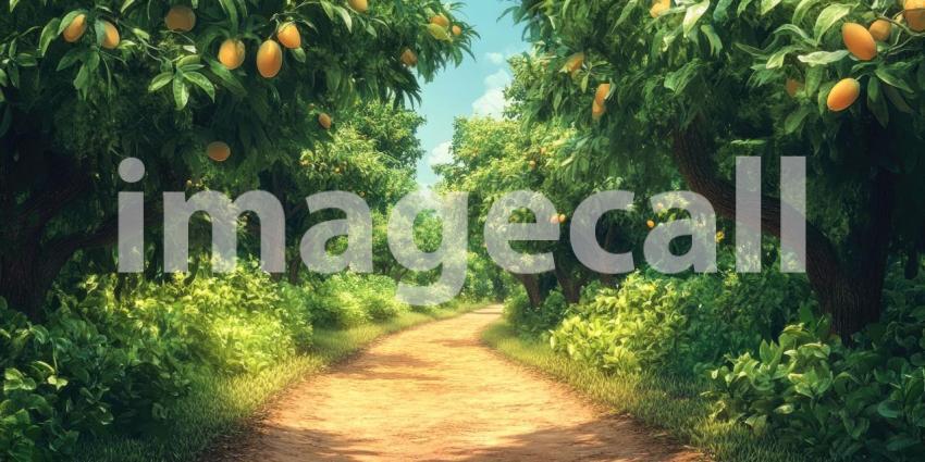 A Path of Citrus: A sun-dappled path winds through a vibrant orange grove, laden with ripe, juicy fruit, promising a sweet and refreshing journey