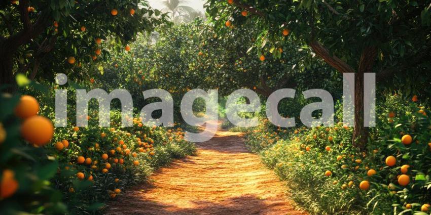 A Path of Citrus: A sun-dappled path winds through a vibrant orange grove, laden with ripe, juicy fruit, promising a sweet and refreshing journey