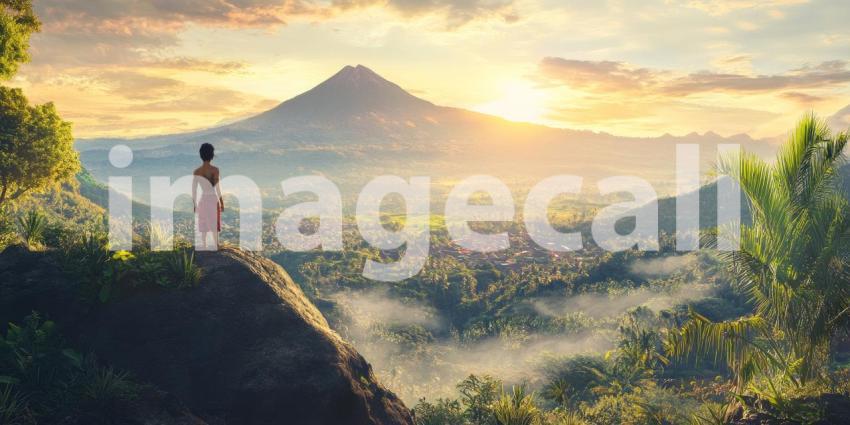 Traveler Admiring the Scenic Terraced Rice Fields and Lush Green Valley from a Hilltop Viewpoint in a Tropical Landscape