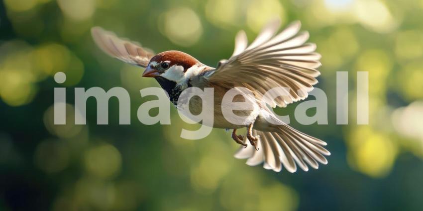 A Symphony of Flight: A sparrow, with wings outstretched and feathers ruffled, takes flight against a backdrop of autumnal hues, capturing the beauty and freedom of avian motion