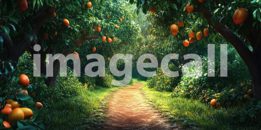 A Path of Citrus: A sun-dappled path winds through a vibrant orange grove, laden with ripe, juicy fruit, promising a sweet and refreshing journey
