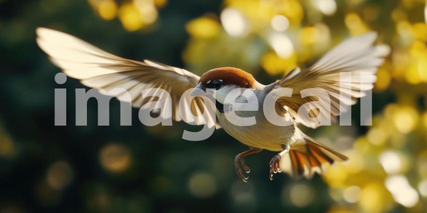 A Symphony of Flight: A sparrow, with wings outstretched and feathers ruffled, takes flight against a backdrop of autumnal hues, capturing the beauty and freedom of avian motion