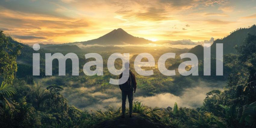 Traveler Admiring the Scenic Terraced Rice Fields and Lush Green Valley from a Hilltop Viewpoint in a Tropical Landscape
