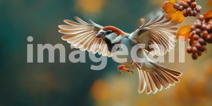 A Symphony of Flight: A sparrow, with wings outstretched and feathers ruffled, takes flight against a backdrop of autumnal hues, capturing the beauty and freedom of avian motion