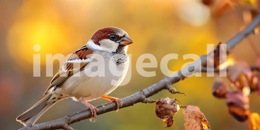 A Feast for the Eyes: A vibrant sparrow, perched on a branch laden with ripe berries, showcases its colorful plumage against a backdrop of autumnal hues