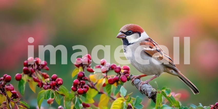 A Feast for the Eyes: A vibrant sparrow, perched on a branch laden with ripe berries, showcases its colorful plumage against a backdrop of autumnal hues