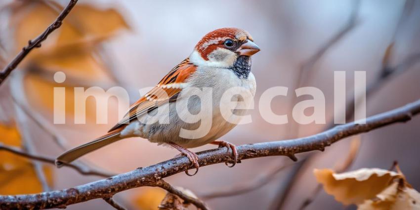 A Feast for the Eyes: A vibrant sparrow, perched on a branch laden with ripe berries, showcases its colorful plumage against a backdrop of autumnal hues