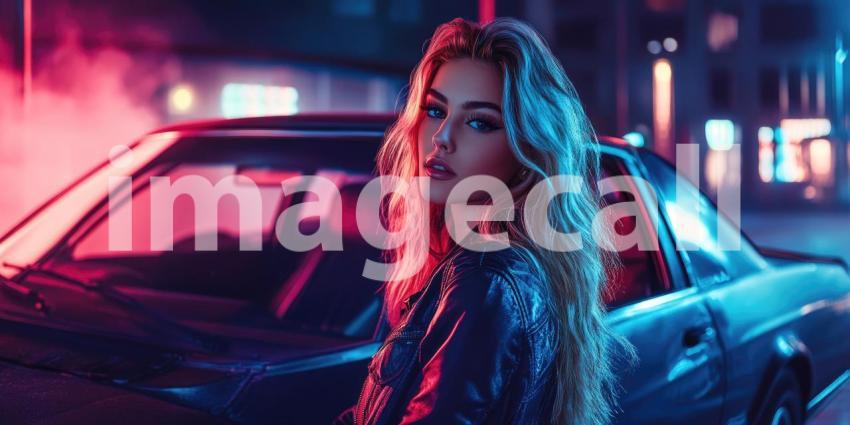 Stylish Individual with Long Hair and Leather Jacket Posing by a Vintage Car Under Vibrant Neon Lights in Urban Nightscape