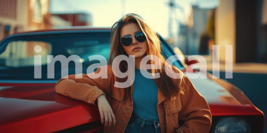 Stylish Individual with Long Hair and Leather Jacket Posing by a Vintage Car Under Vibrant Neon Lights in Urban Nightscape