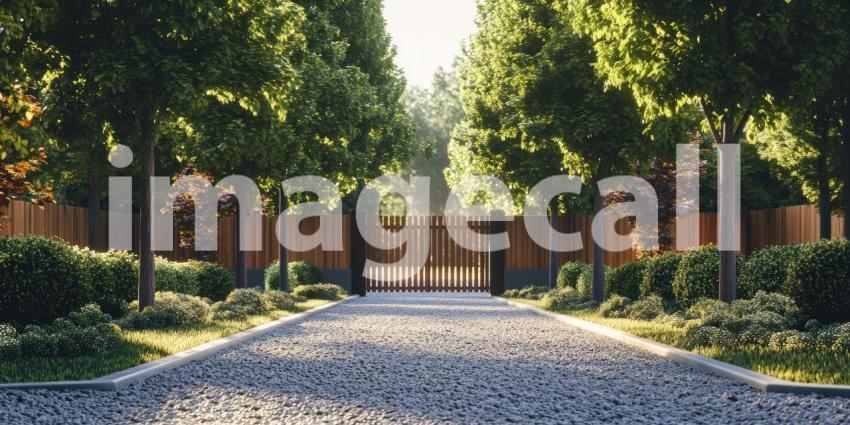 A Path to Tranquility: A sun-dappled driveway, framed by lush greenery and a wooden gate, invites a journey into a peaceful sanctuary