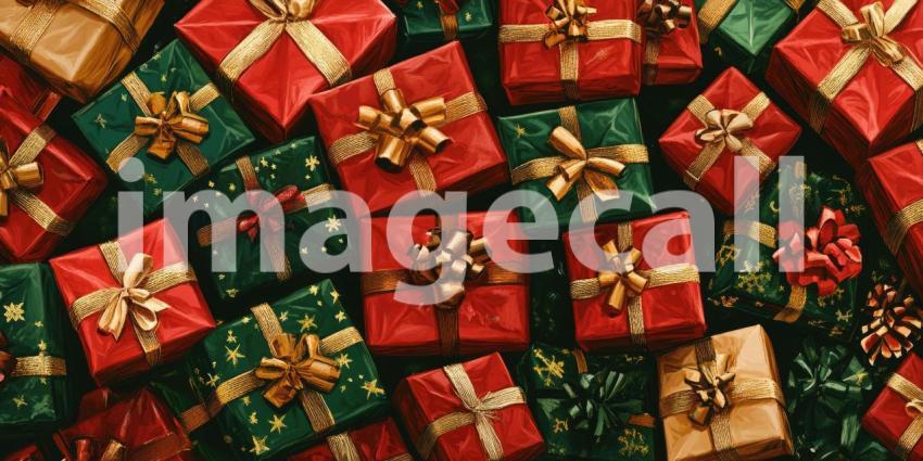 A Tapestry of Giving: A festive array of colorfully wrapped gifts, adorned with shimmering bows and ribbons, awaits eager hands on Christmas morning, symbolizing the joy and generosity of the season