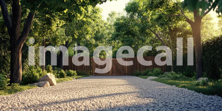 A Path to Tranquility: A sun-dappled driveway, framed by lush greenery and a wooden gate, invites a journey into a peaceful sanctuary