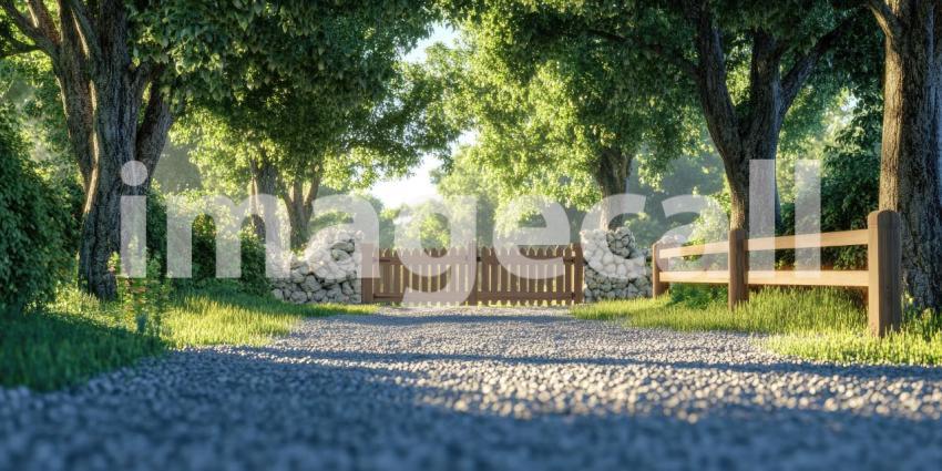 A Path to Tranquility: A sun-dappled driveway, framed by lush greenery and a wooden gate, invites a journey into a peaceful sanctuary