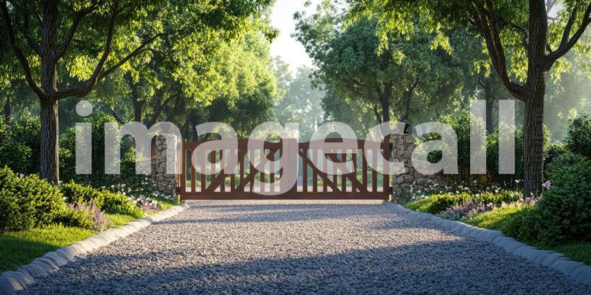 A Path to Tranquility: A sun-dappled driveway, framed by lush greenery and a wooden gate, invites a journey into a peaceful sanctuary