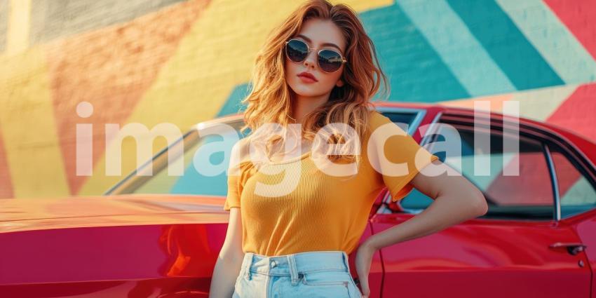 Stylish Individual with Long Hair and Leather Jacket Posing by a Vintage Car Under Vibrant Neon Lights in Urban Nightscape
