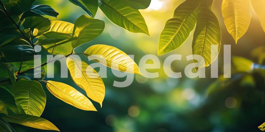 A Verdant Tapestry: Sunlight filters through a lush canopy of emerald green leaves, creating a mesmerizing tapestry of light and shadow in the heart of a tropical paradise