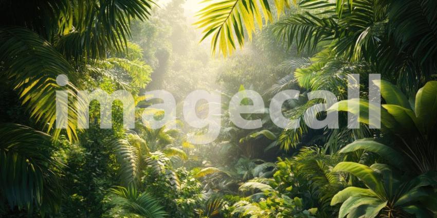 A Verdant Tapestry: Sunlight filters through a lush canopy of emerald green leaves, creating a mesmerizing tapestry of light and shadow in the heart of a tropical paradise