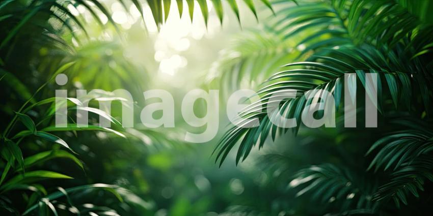 A Verdant Tapestry: Sunlight filters through a lush canopy of emerald green leaves, creating a mesmerizing tapestry of light and shadow in the heart of a tropical paradise