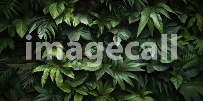 A Verdant Tapestry: Sunlight filters through a lush canopy of emerald green leaves, creating a mesmerizing tapestry of light and shadow in the heart of a tropical paradise