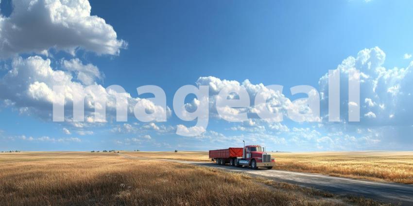 A Road Less Traveled: A lone red truck traverses a vast, open landscape, its journey paralleled by a dramatic sky filled with billowing clouds